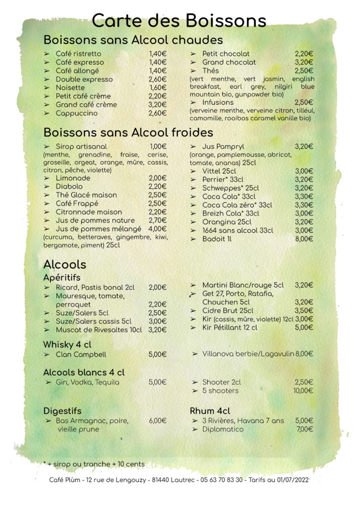 Carte des boissons 1
