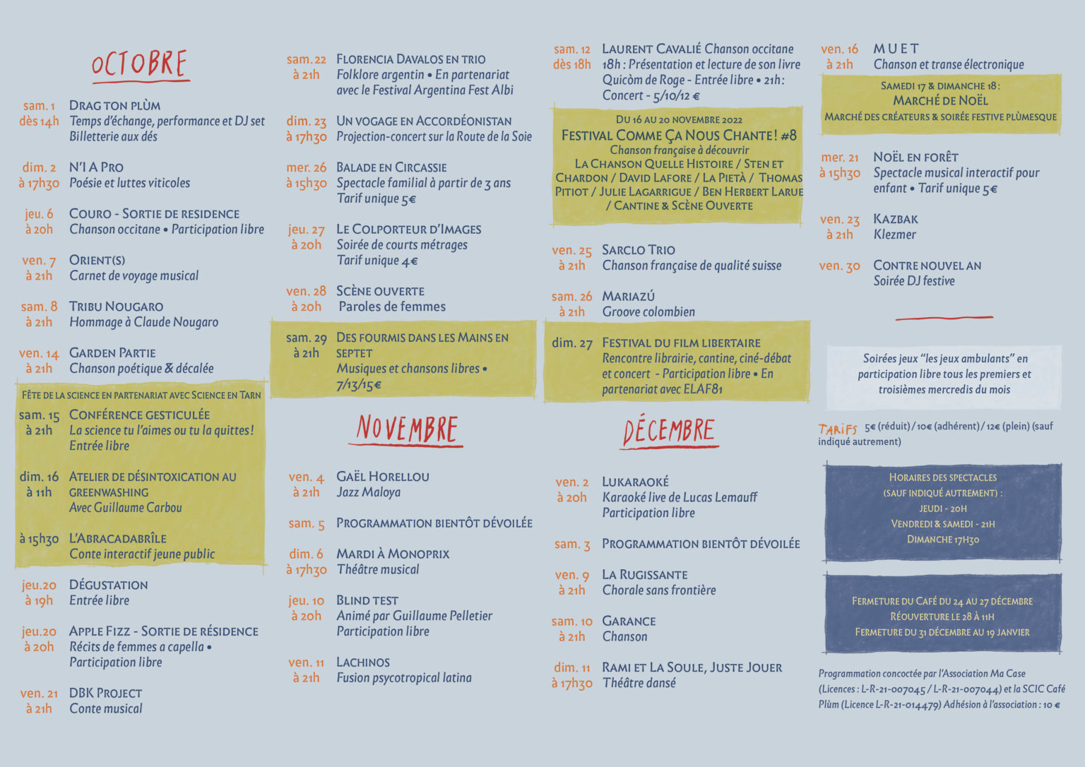 Programme de la saison culturelle Café Plùm