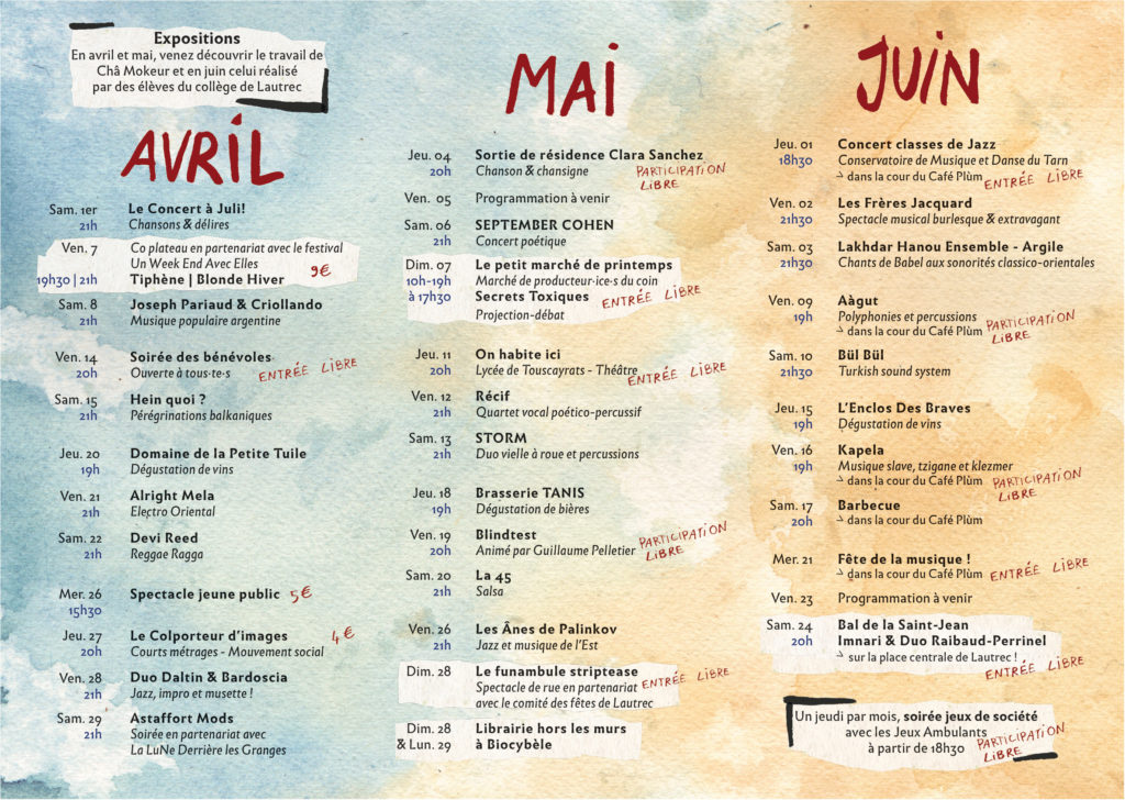 Programme de la saison culturelle Café Plùm