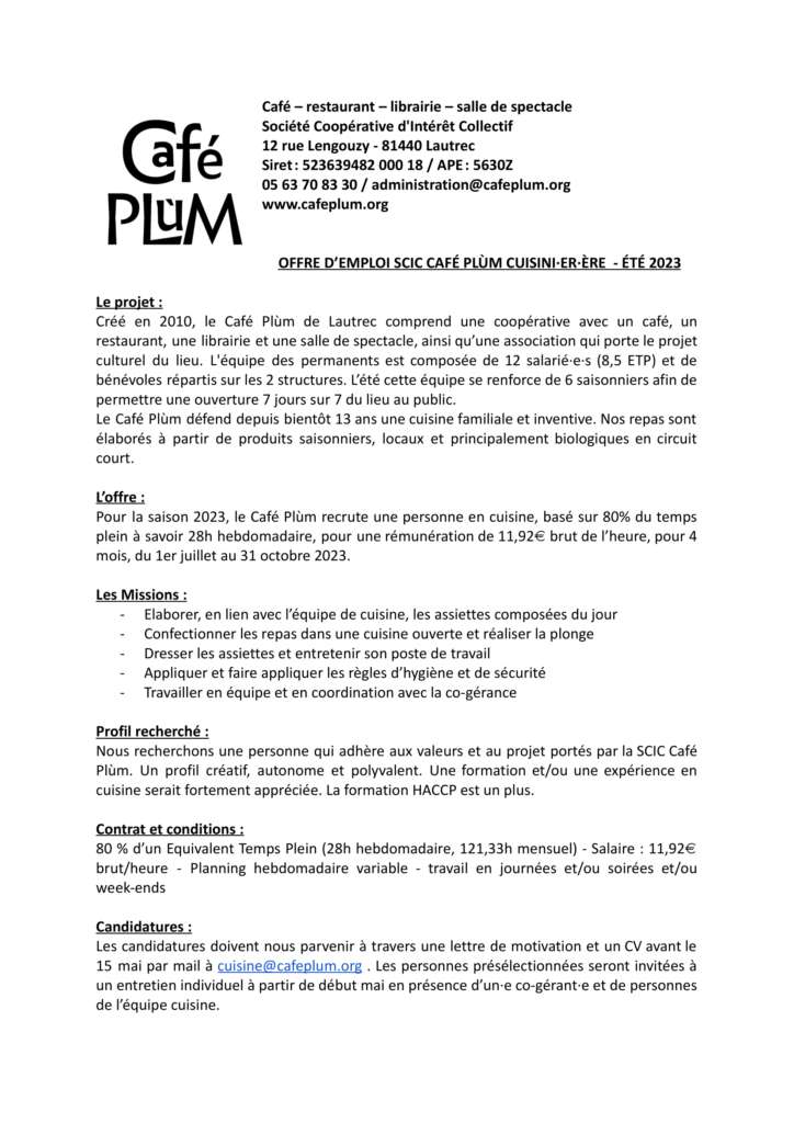 OFFRE D'EMPLOI CUISINI·ER·ÈRE 1